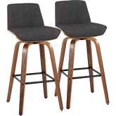 Corazza 30" Swivel Bar Stool in Walnut Wood & Charcoal Fabric with Black Footrest (Set of 2)